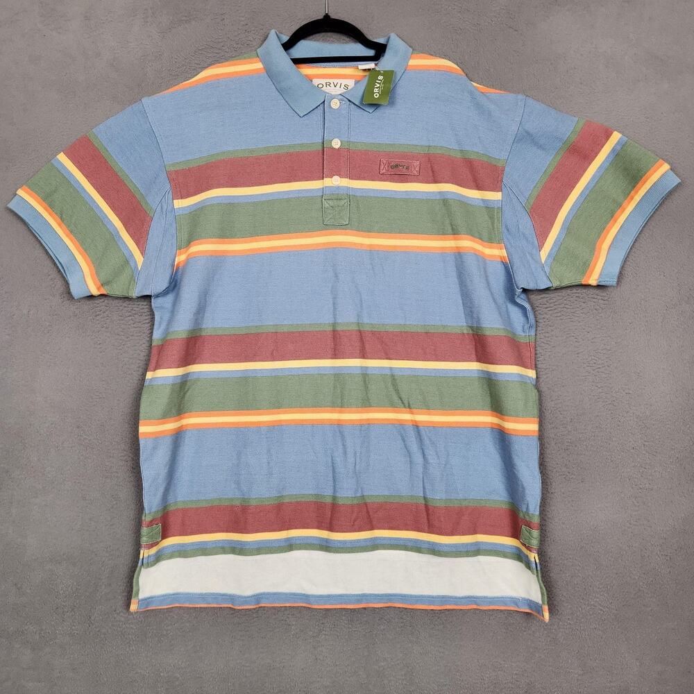 Orvis Polo Shirt Mens XL Blue Striped Island Chain Cotton Short Sleeve Casual